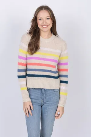 White   Warren Cashmere Featherweight Striped Crewneck in Multi Combo