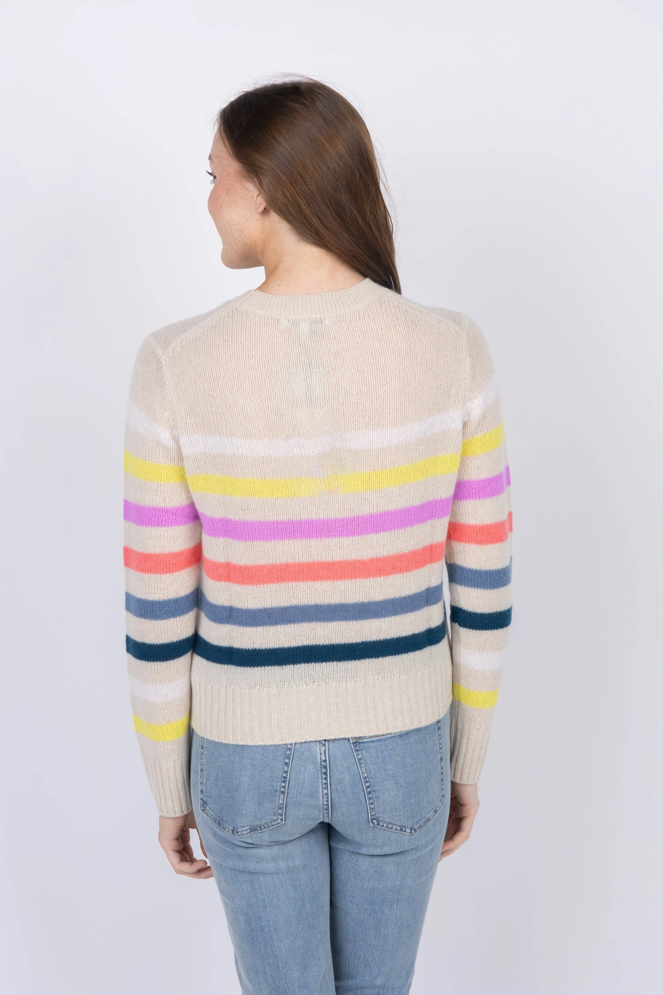 White   Warren Cashmere Featherweight Striped Crewneck in Multi Combo