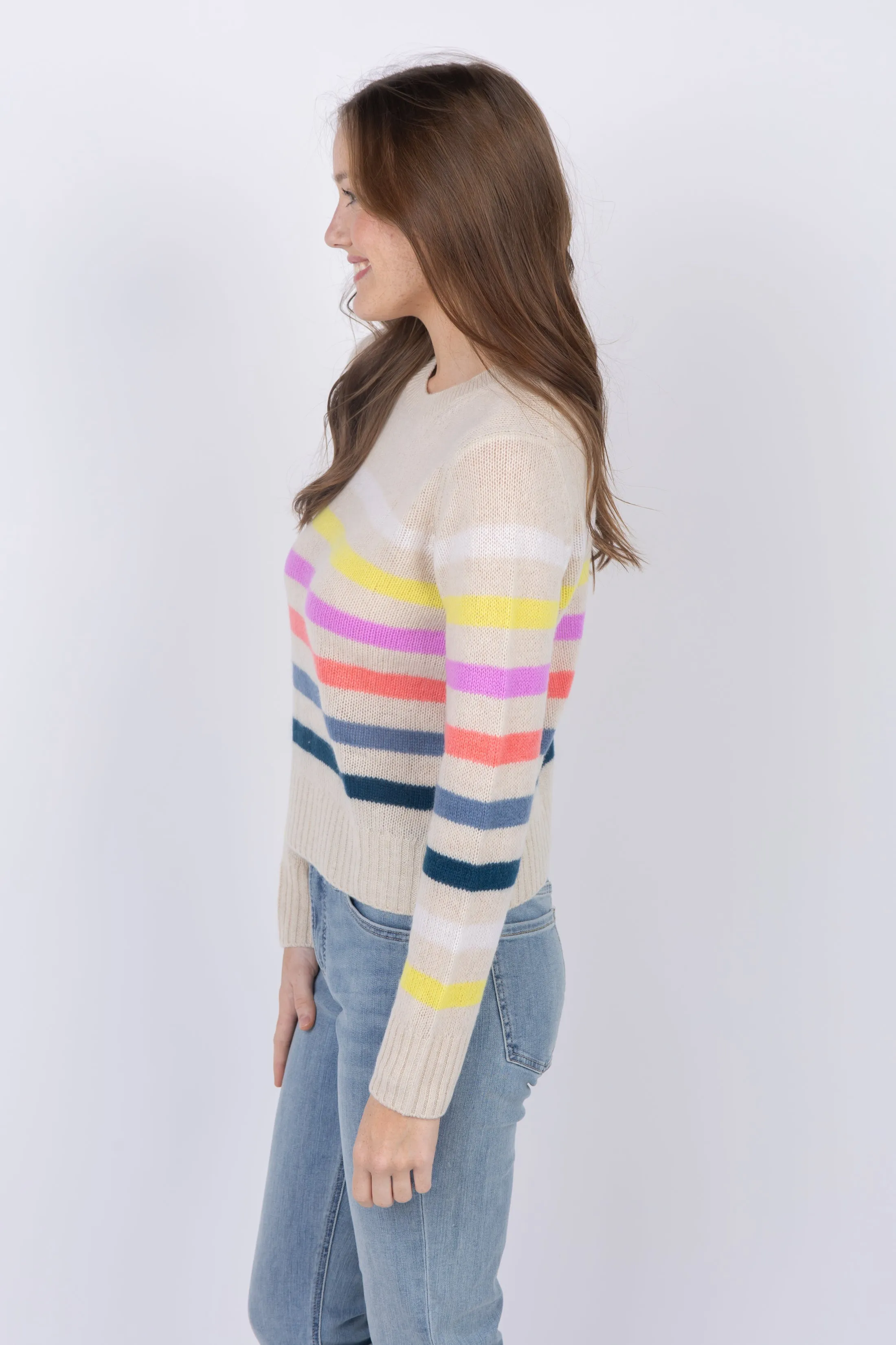 White   Warren Cashmere Featherweight Striped Crewneck in Multi Combo