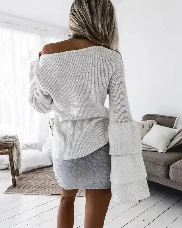 Women Bell Sleeves Fall Knitted Sweaters