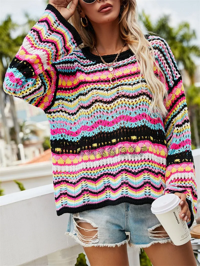 Women Knitting Rainbow Fall Sweaters