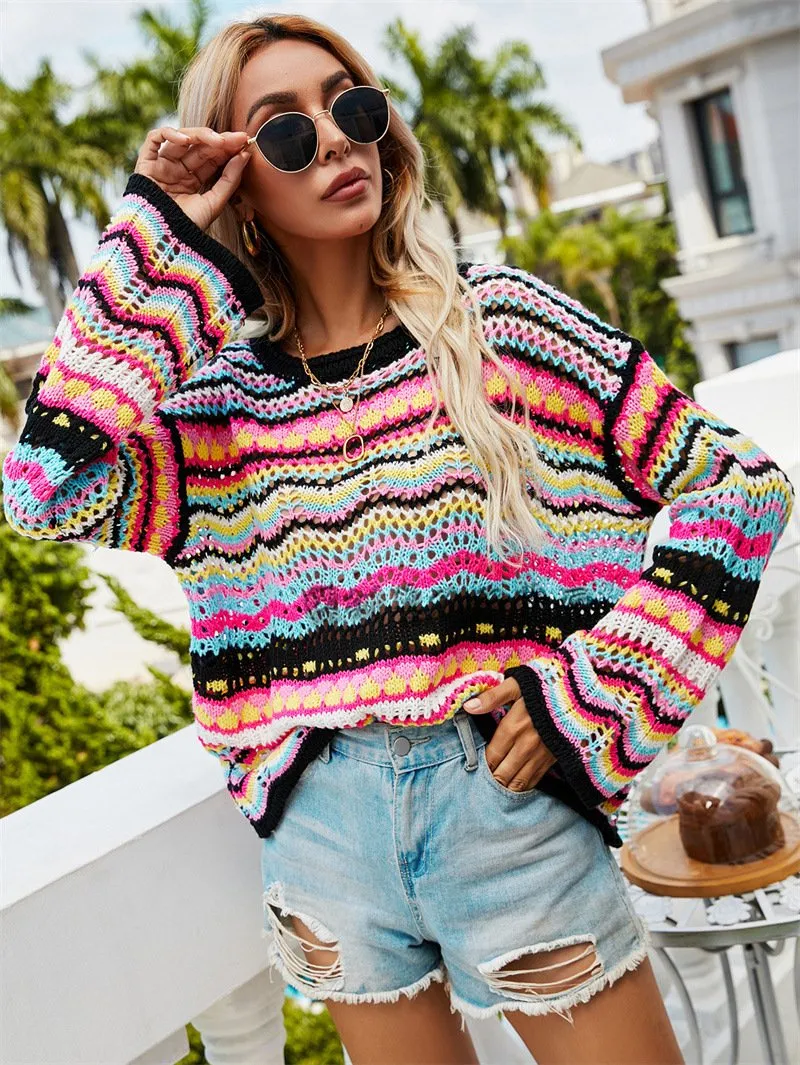 Women Knitting Rainbow Fall Sweaters