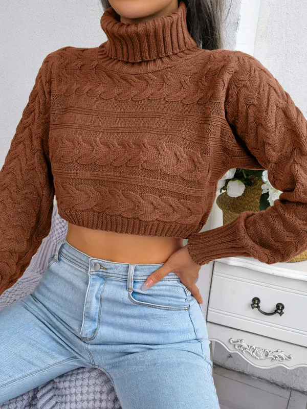 Women's casual fried dough twist long sleeve high neck navel revealing knitted sweater