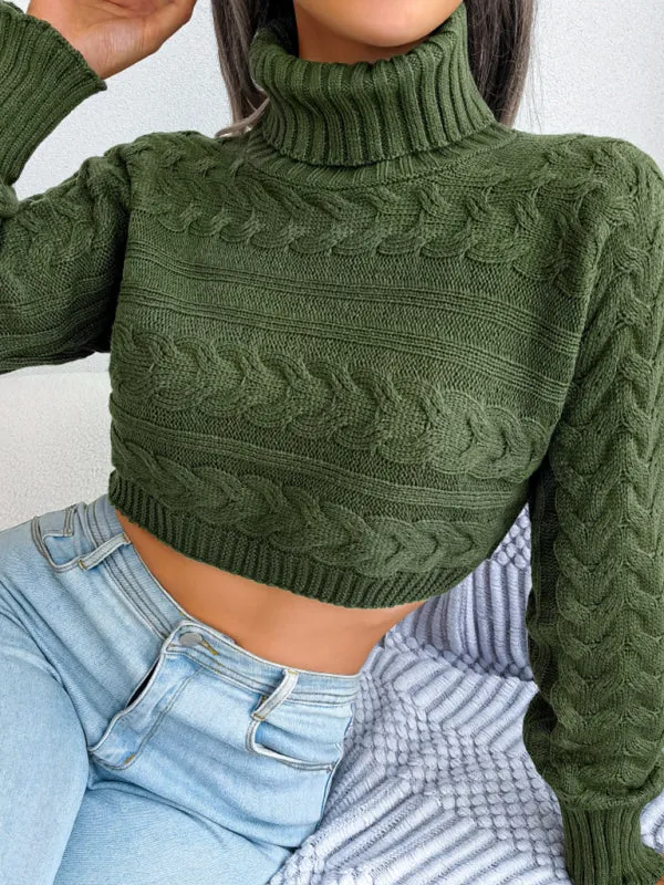 Women's casual fried dough twist long sleeve high neck navel revealing knitted sweater