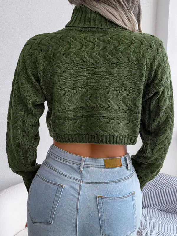 Women's casual fried dough twist long sleeve high neck navel revealing knitted sweater