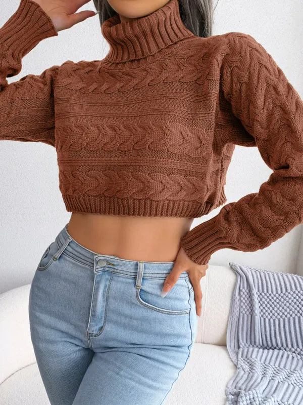 Women's casual fried dough twist long sleeve high neck navel revealing knitted sweater