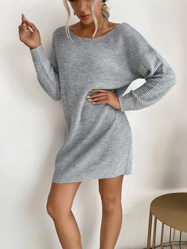 Women's Fashion Ladies Loose Gray Long Sleeve Long Sweater Dress