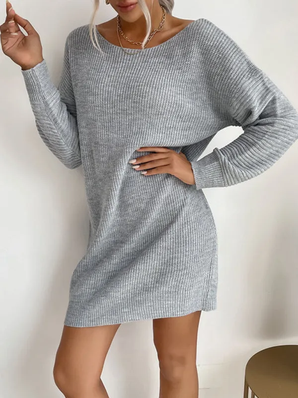 Women's Fashion Ladies Loose Gray Long Sleeve Long Sweater Dress