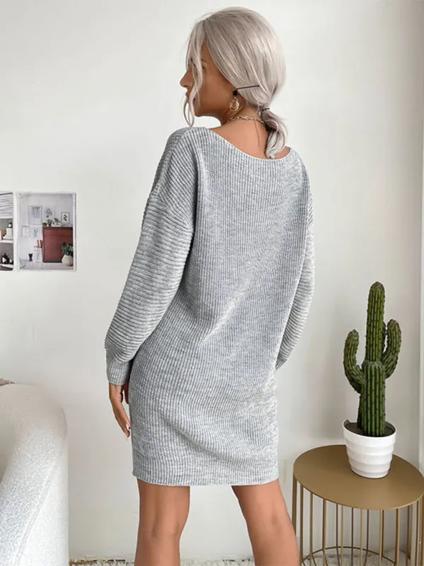 Women's Fashion Ladies Loose Gray Long Sleeve Long Sweater Dress