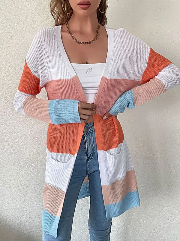 Women's Lightweight Ribbed Block Striped Cardigan With Front Pockets And Long Sleeves