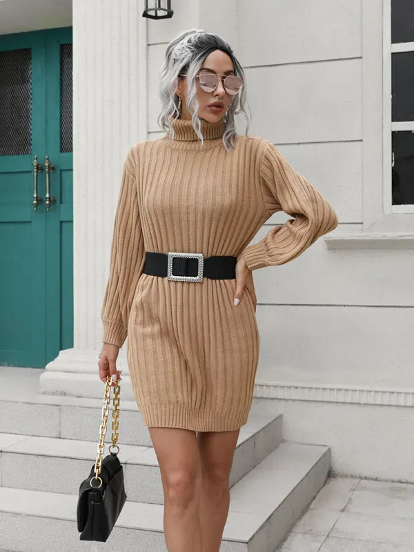 Women's pit stripe high collar wool sweater dress