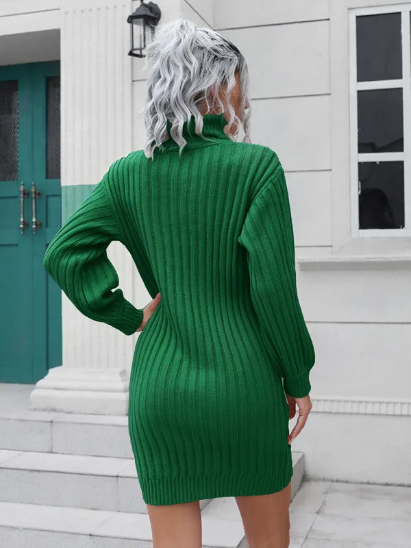 Women's pit stripe high collar wool sweater dress