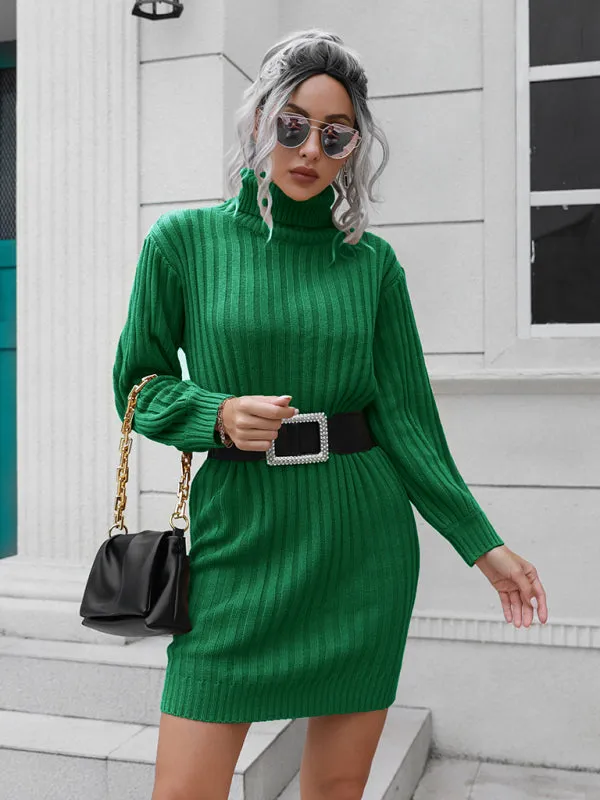 Women's pit stripe high collar wool sweater dress