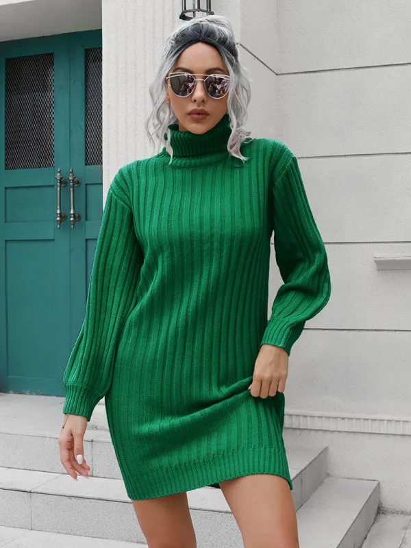 Women's pit stripe high collar wool sweater dress