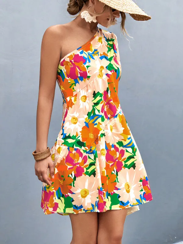 Women's Printed One Shoulder Diagonal Dress