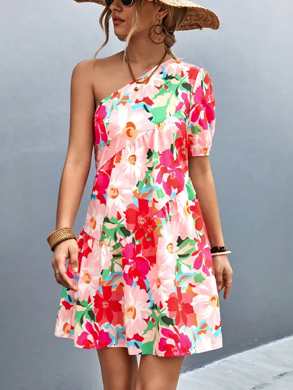 Women's Printed One Shoulder Diagonal Dress