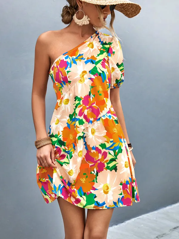 Women's Printed One Shoulder Diagonal Dress