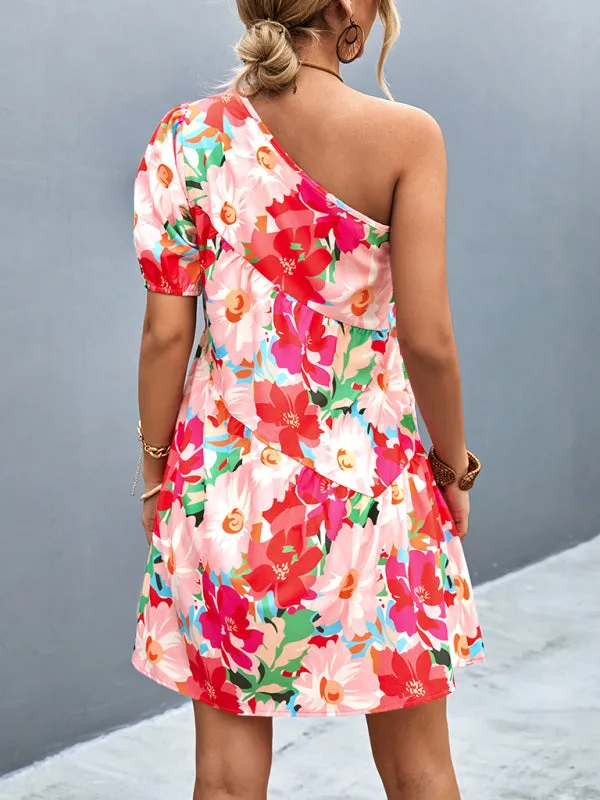 Women's Printed One Shoulder Diagonal Dress