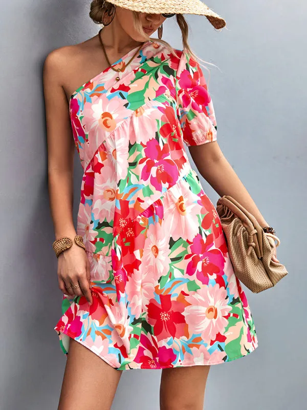 Women's Printed One Shoulder Diagonal Dress