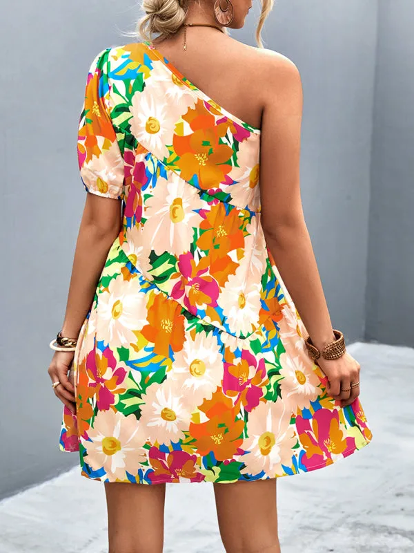 Women's Printed One Shoulder Diagonal Dress