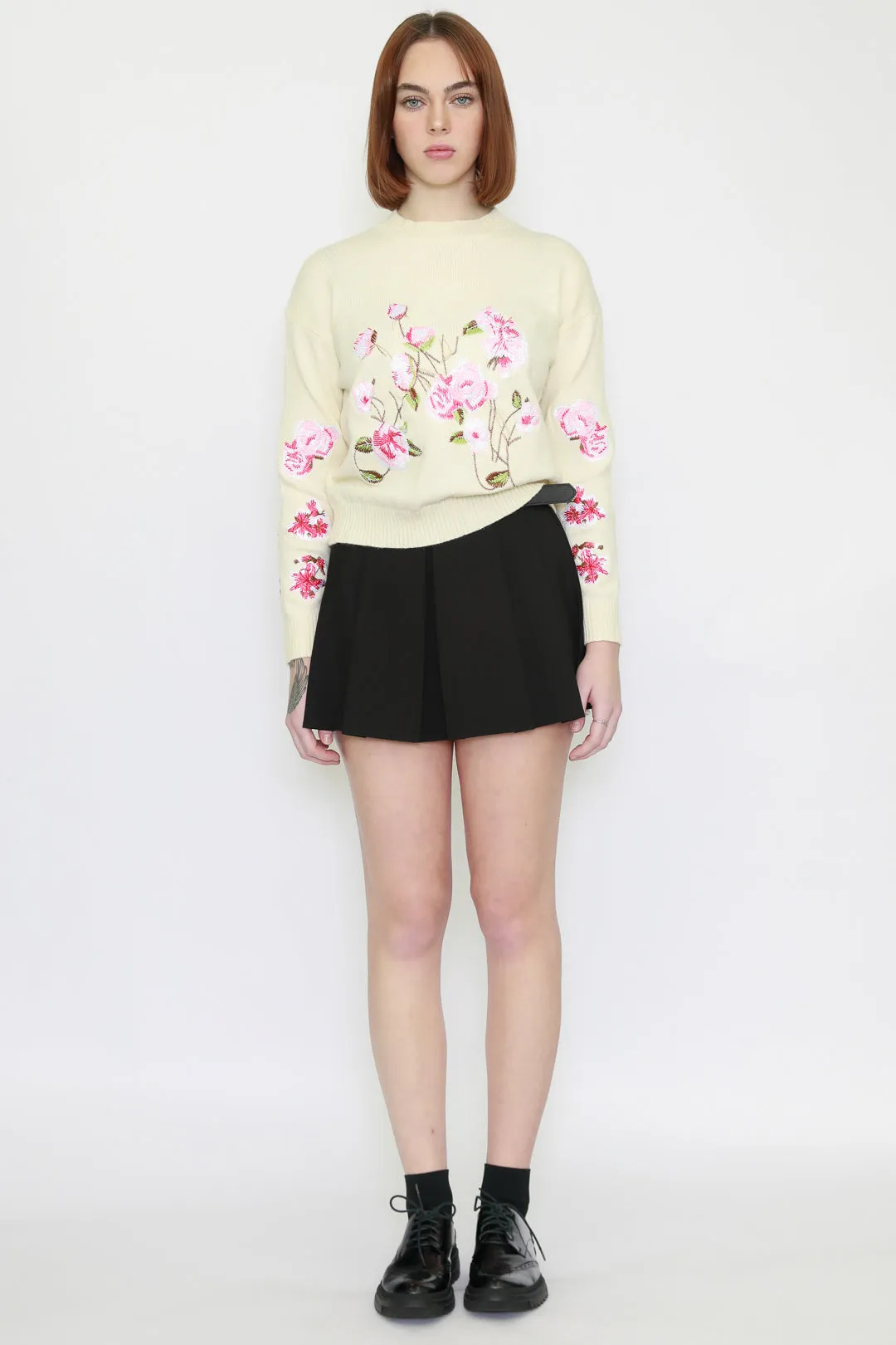 Wool Embroidery White Floral Sweater