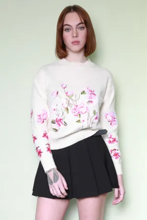 Wool Embroidery White Floral Sweater