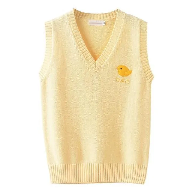 Yellow Sweater Vest with Chick Embroidery