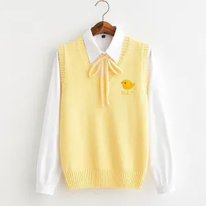 Yellow Sweater Vest with Chick Embroidery