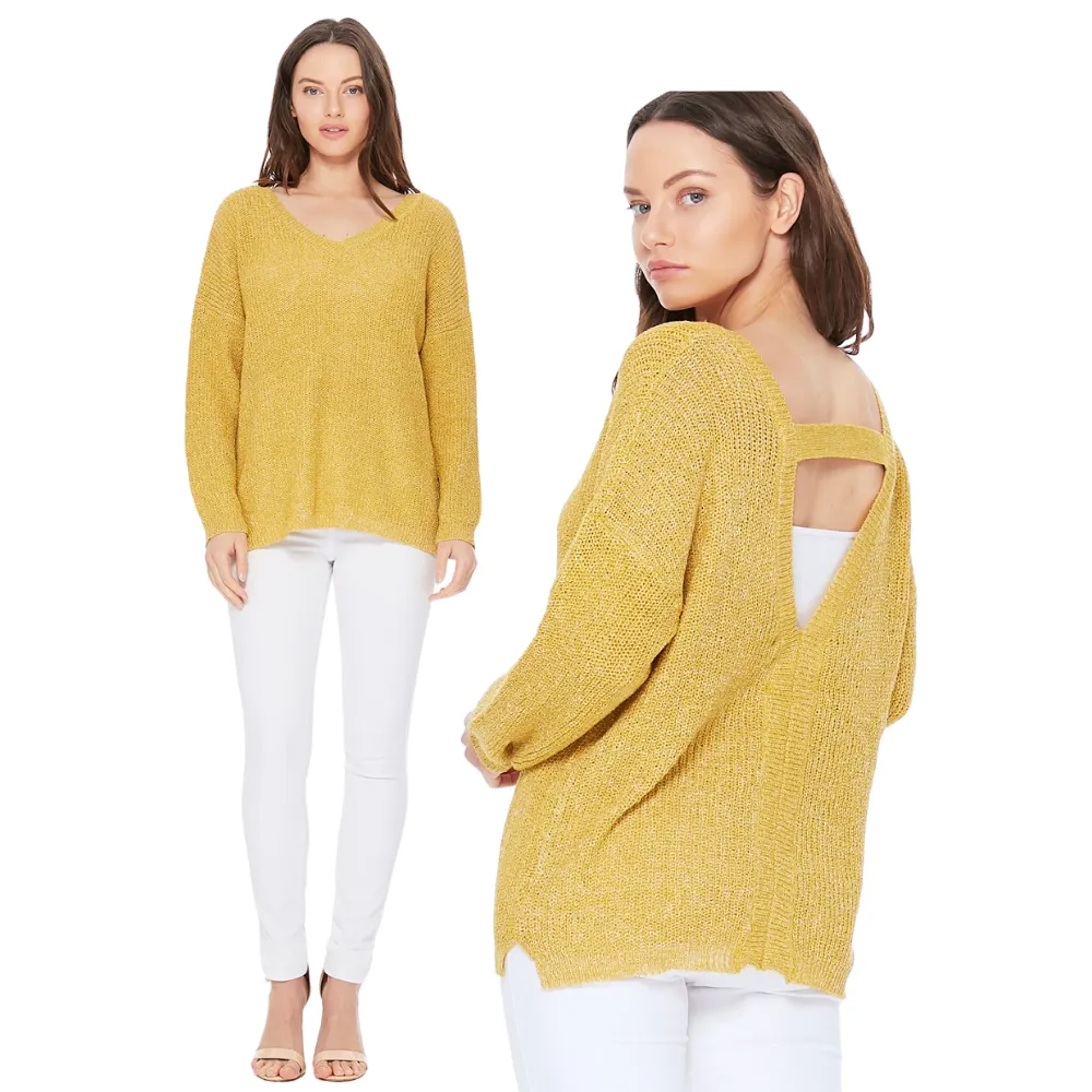 YEMAK Women's Long Sleeve V-Neck Back Cutout Casual Knit Pullover Summer Sweater MK8144