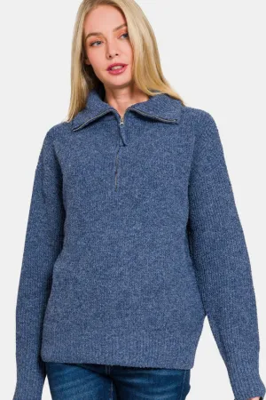 Zenana Knit Women Sweater Half Zip Collared Long Sleeve Navy Basic Pullover