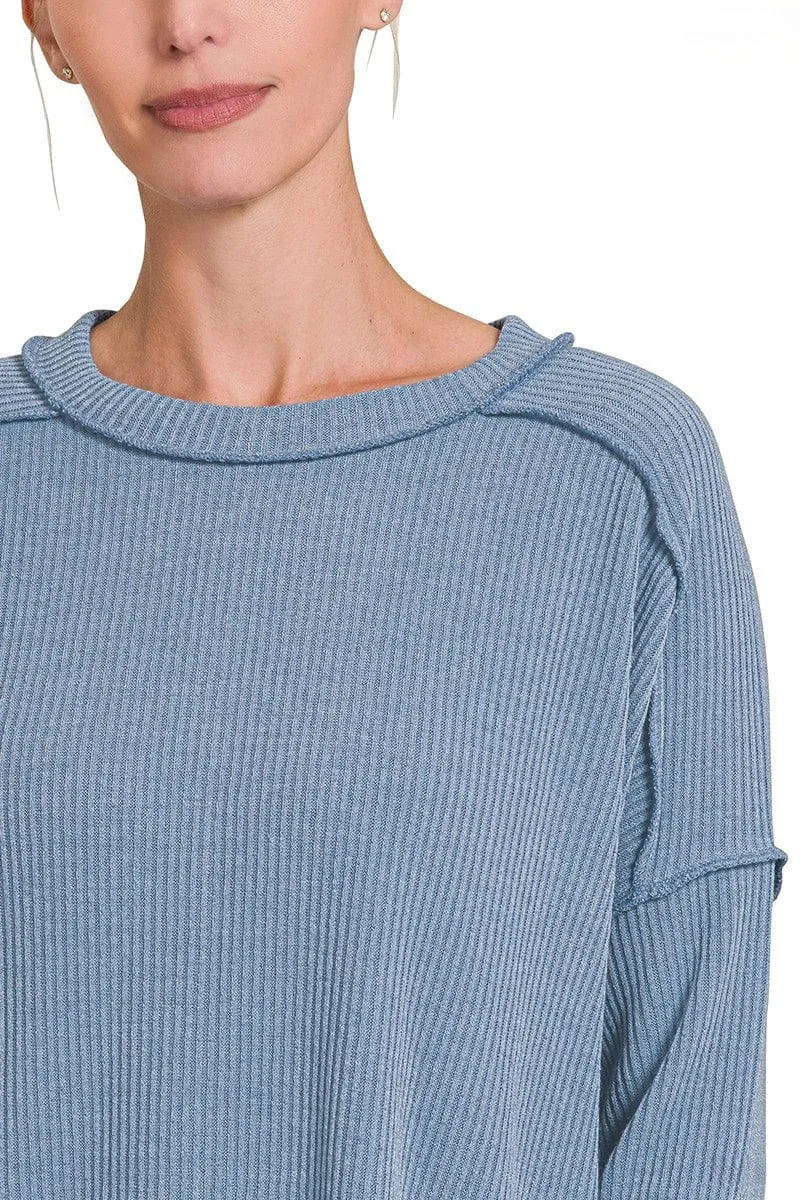 Zenana Ribbed Drop Shoulder Round Neck Sweater