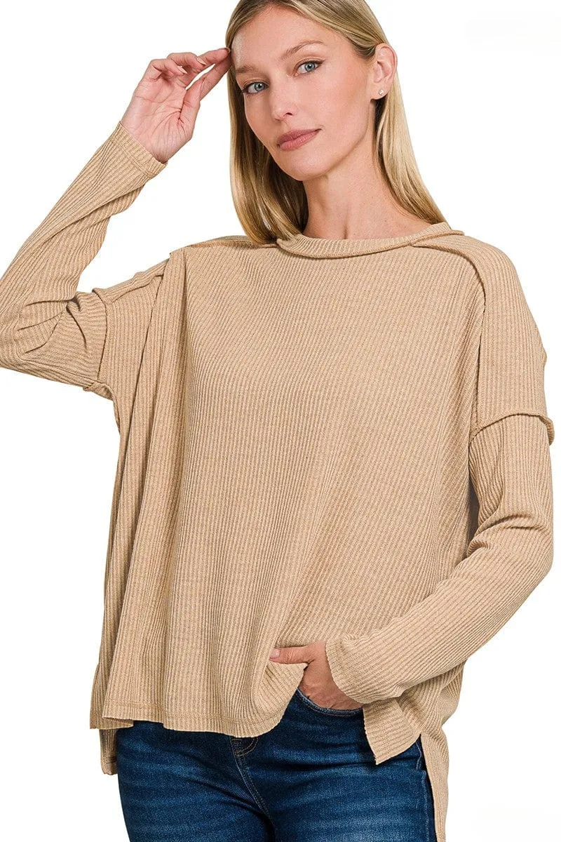 Zenana Ribbed Drop Shoulder Round Neck Sweater