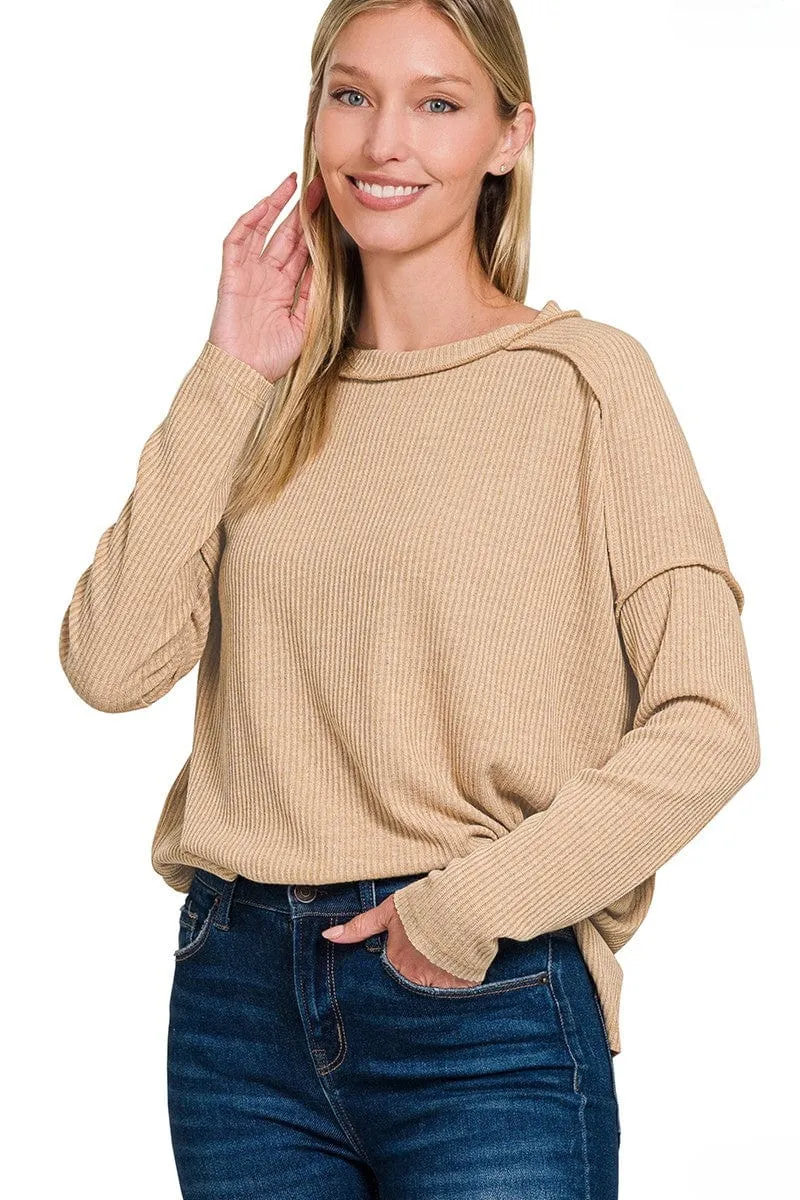 Zenana Ribbed Drop Shoulder Round Neck Sweater